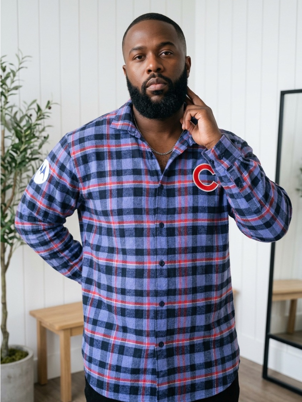 Men's Blue Plaid Long-Sleeve Shirt FLEECE /CUBS/MOTOROLA